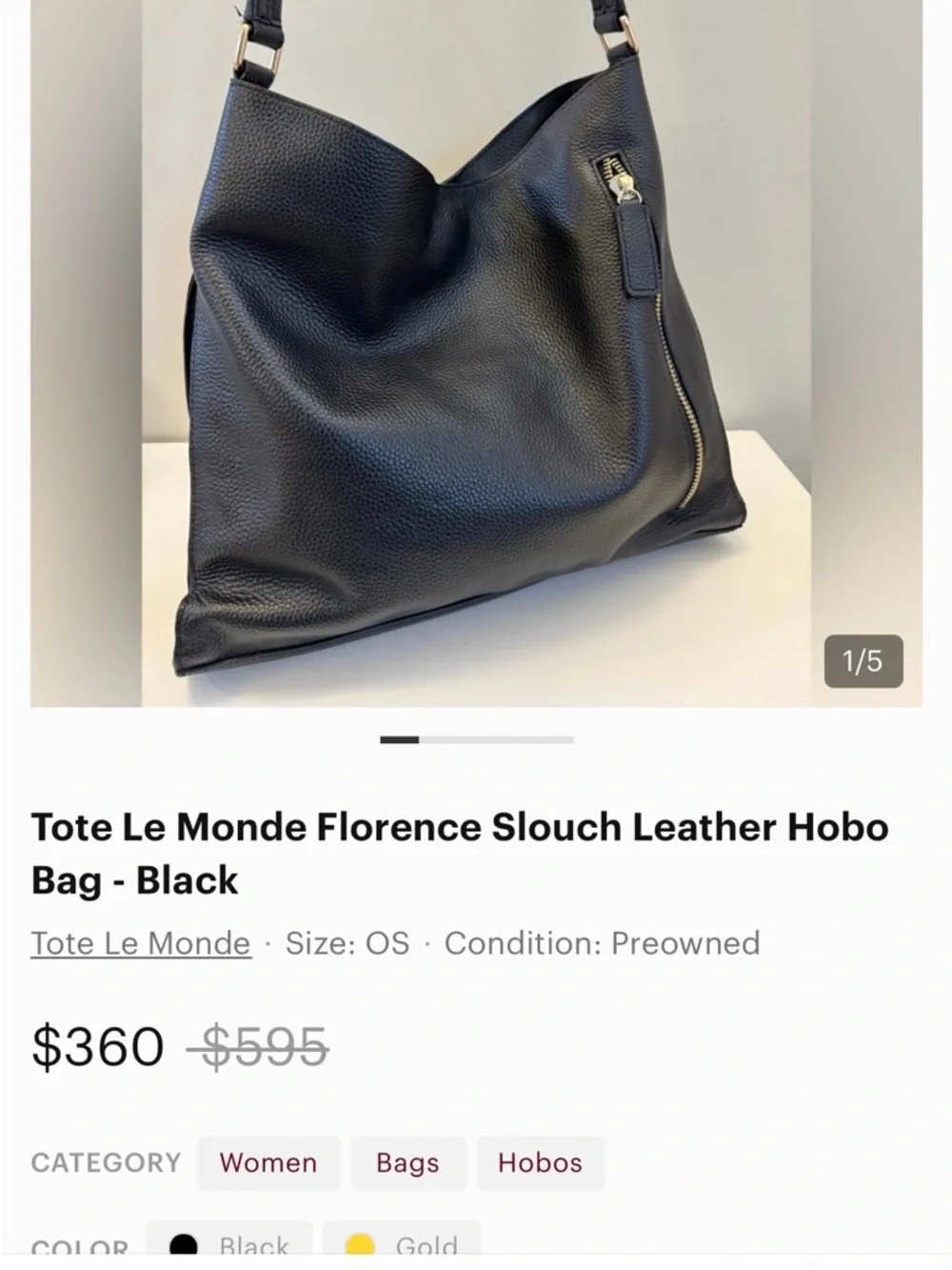 Classic Black Pebbled Leather Hobo Shoulder Bag Tote Le Monde